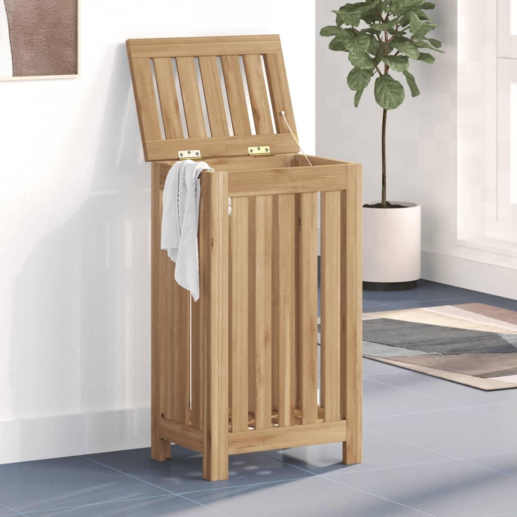Smal vasketøjskurv i massivt teaktræ med låg og åbent lameldesign